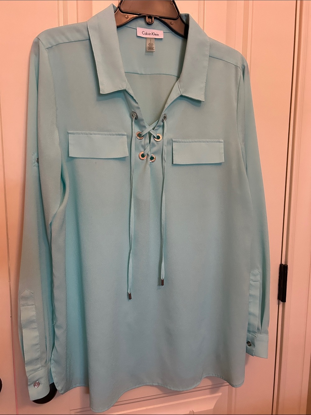 Calvin Klein Lace-Up Blouse in Aqua Blue Size Large